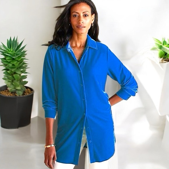 Soft Surroundings Blue Velour Boyfriend Button Down Tunic Shirt - Picture 4 of 16